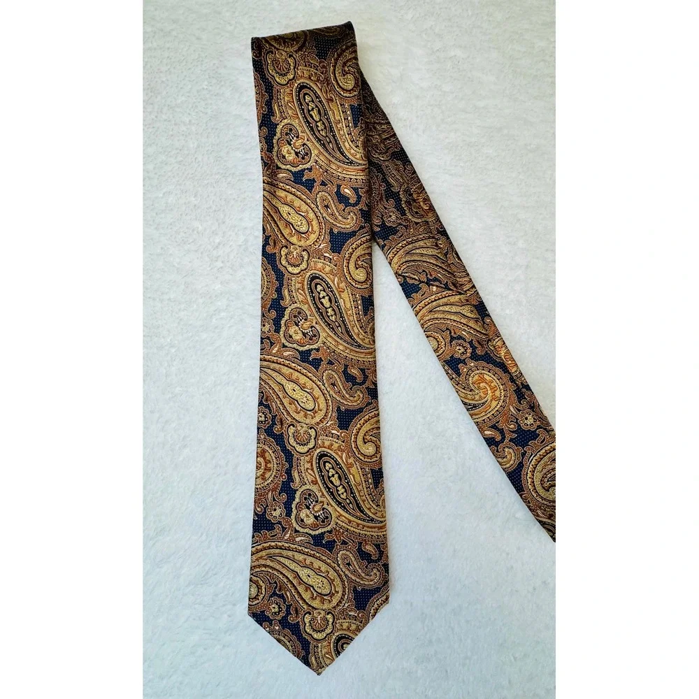 Tasso Elba Necktie Gold Navy Blue Silk Paisley‎ Tie Width 3.5